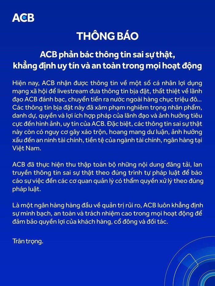 thông báo chính thức về vụ việc liên quan đến lãnh đạo acb