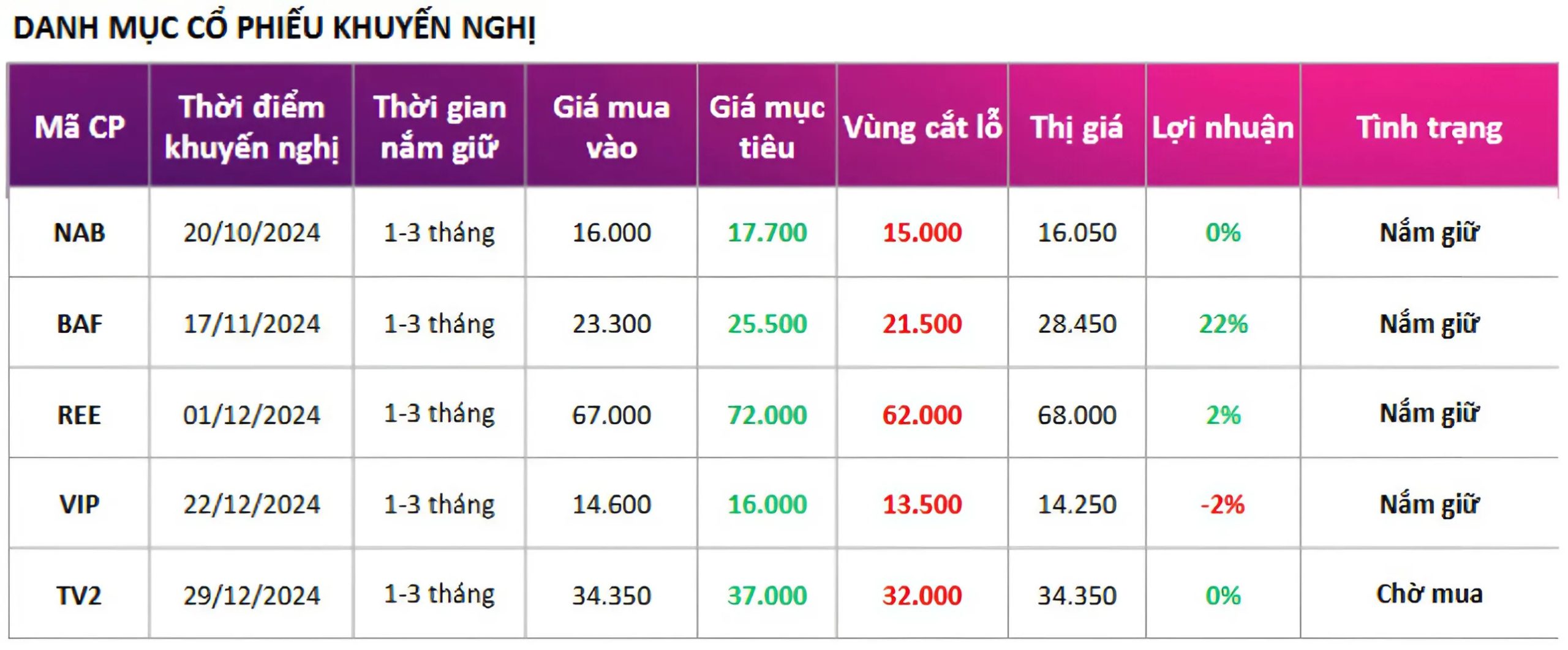 Danh mục của các mã cổ phiếu khuyến nghị khác