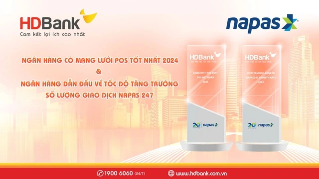 HDBank "bội thu" giải thưởng tại NAPAS 2024, dẫn đầu về POS và giao dịch NAPAS 247 1 HDBank vinh dự khi đạt được hai giải thưởng danh giá tại Hội nghị Thành viên NAPAS 2024. Ảnh: Báo Thanh Niên