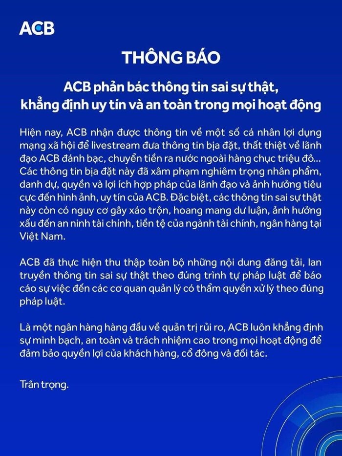 Tin đồn lãnh đạo ACB đánh bạc, chuyển tiền trái phép: Hoàn toàn bịa đặt! 1 thông báo chính thức về vụ việc liên quan đến lãnh đạo acb