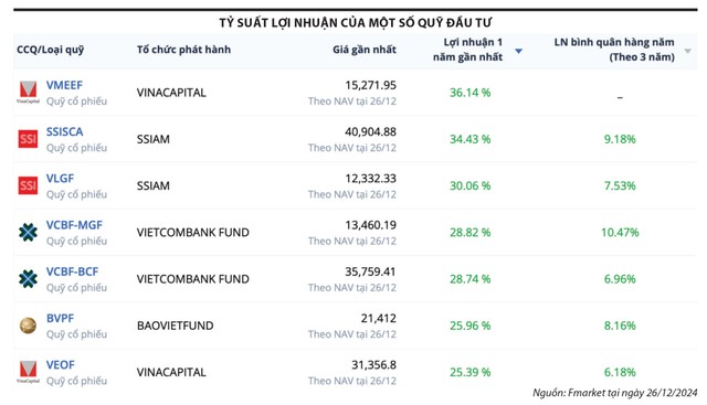 Tỷ suất lợi nhuận của một số quỹ đầu tư năm 2024