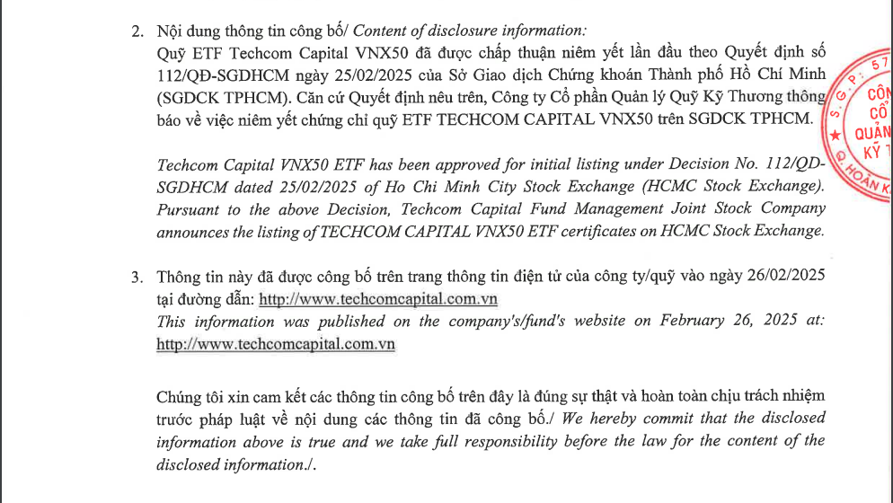 HOSE chính thức cấp phép niêm yết cho quỹ ETF Techcom Capital VNX50 2 ETF Techcom Capital VNX50 còn được hưởng lợi từ sự minh bạch và thanh khoản cao - 60s hôm nay