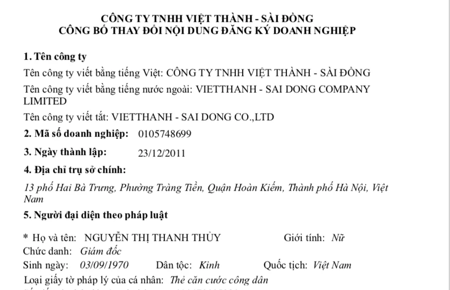 Hà Nội giao 10.081m2 đất Long Biên cho Việt Thành - Sài Đồng xây biệt thự 2 Công ty TNHH Việt Thành - Sài Đồng được thành lập vào ngày 23/12/2011. Ảnh: Vietnam Finance