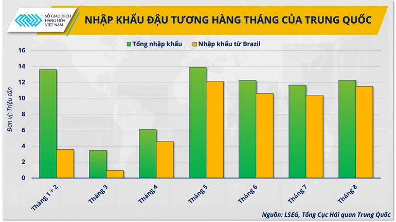 Tổng nhập khẩu đậu tương của Trung Quốc trong 8 tháng đầu năm và tỷ lệ nhập khẩu có xuất xứ từ Brazil. Ảnh: LSEG, Tổng Cục Hải quan Trung Quốc
