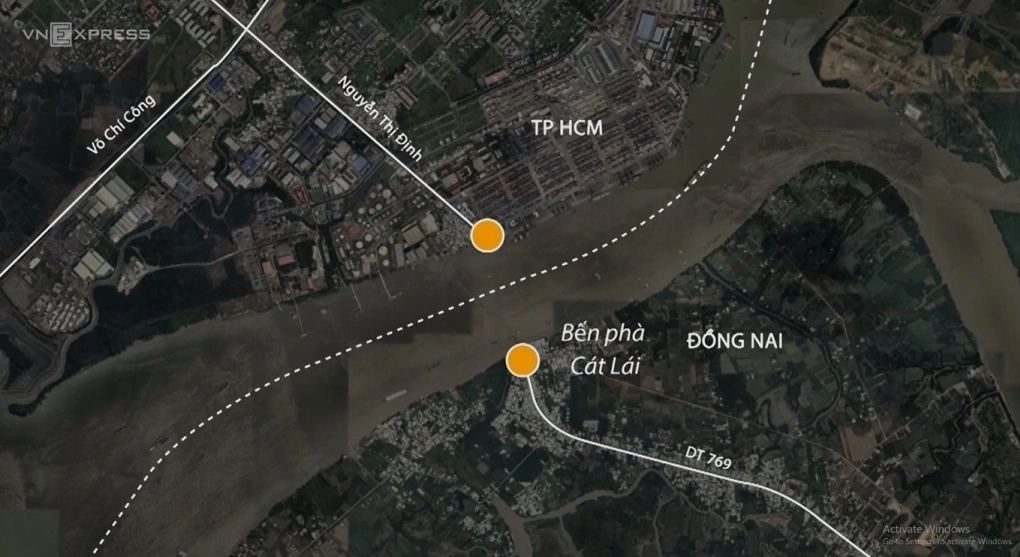 Vị trí xây cầu được đề xuất gần khu vực phà Cát Lái hiện tại. Đồ họa: Minh Bằng - 60s Hôm nay